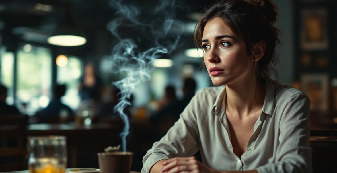 Eine erwachsene Nichtraucherin sitzt in einem Raum und ist sichtbar Tabakrauch ausgesetzt.