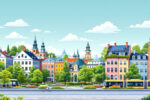 Panorama europäischer Städte mit grünen Parks und nachhaltigen Verkehrsmitteln als Symbol für beste nachhaltige Reiseziele 2025.