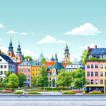Panorama europäischer Städte mit grünen Parks und nachhaltigen Verkehrsmitteln als Symbol für beste nachhaltige Reiseziele 2025.