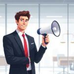 Illustration einer Person mit Megafon in Büro-Umgebung als Symbol für Whistleblowing