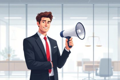 Illustration einer Person mit Megafon in Büro-Umgebung als Symbol für Whistleblowing