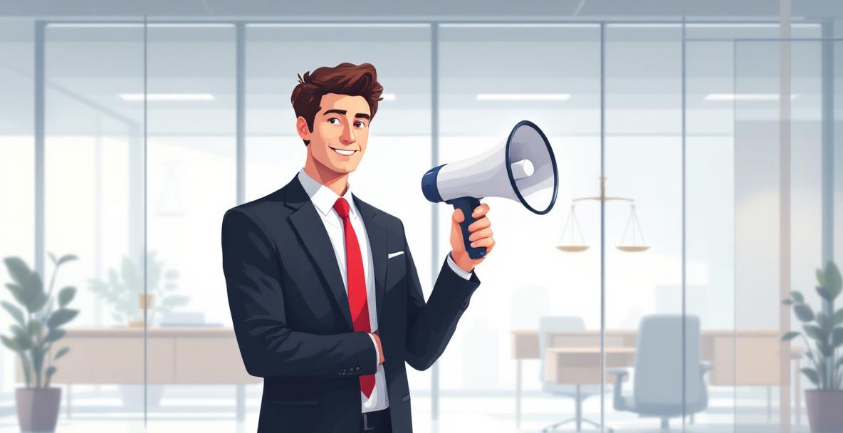 Illustration einer Person mit Megafon in Büro-Umgebung als Symbol für Whistleblowing