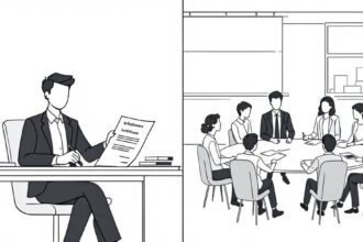 Vergleich zwischen einem einzelnen Arbeitnehmer mit Arbeitsvertrag und einer Gruppe, die einen Tarifvertrag bespricht.