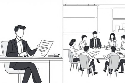 Vergleich zwischen einem einzelnen Arbeitnehmer mit Arbeitsvertrag und einer Gruppe, die einen Tarifvertrag bespricht.