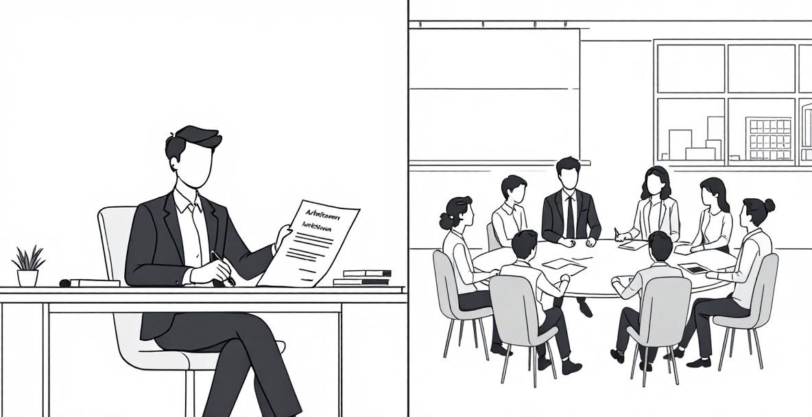 Vergleich zwischen einem einzelnen Arbeitnehmer mit Arbeitsvertrag und einer Gruppe, die einen Tarifvertrag bespricht.