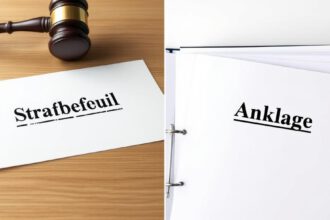 Symbolbild mit Richterhammer, Dokument 'Strafbefehl' und Akte 'Anklage' als Darstellung der Unterschiede im Strafverfahren.