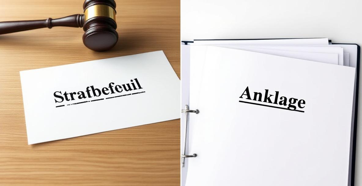 Symbolbild mit Richterhammer, Dokument 'Strafbefehl' und Akte 'Anklage' als Darstellung der Unterschiede im Strafverfahren.