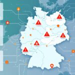 Infografik mit Deutschlandkarte, Datenströmen und Warnsymbolen zur Cyberkriminalität 2025