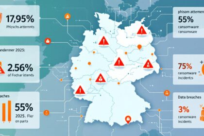 Infografik mit Deutschlandkarte, Datenströmen und Warnsymbolen zur Cyberkriminalität 2025
