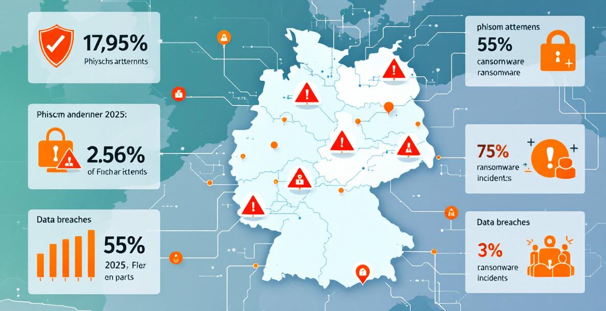 Infografik mit Deutschlandkarte, Datenströmen und Warnsymbolen zur Cyberkriminalität 2025