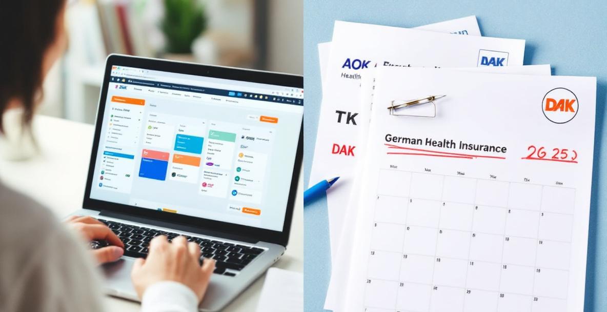 Symbolbild: Kalender mit markierten Fristen, Krankenkassen-Dokumente und eine Person, die über einen Wechsel nachdenkt.