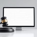 Richterhammer, digitale KI-Symbole und deutsche Flagge als Sinnbild für das KI-Gesetz in Deutschland.