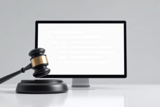 Richterhammer, digitale KI-Symbole und deutsche Flagge als Sinnbild für das KI-Gesetz in Deutschland.