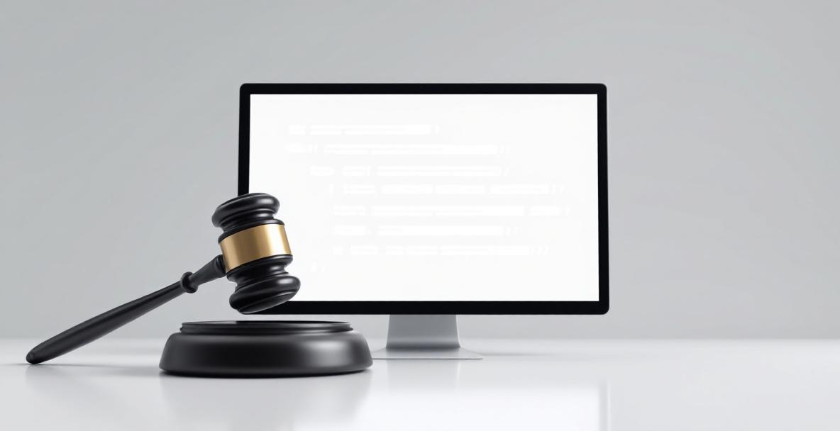 Richterhammer, digitale KI-Symbole und deutsche Flagge als Sinnbild für das KI-Gesetz in Deutschland.