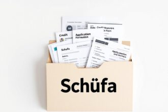 Symbolbild einer offenen Schufa-Akte mit Finanzdokumenten zur Veranschaulichung der Schufa-Auskunft.