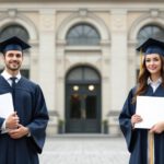 Eine Illustration zeigt einen Absolventen mit Bachelor-Hut und eine Absolventin mit Master-Hut vor einer deutschen Universität.