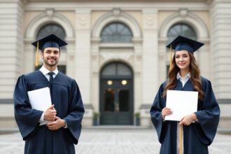 Eine Illustration zeigt einen Absolventen mit Bachelor-Hut und eine Absolventin mit Master-Hut vor einer deutschen Universität.
