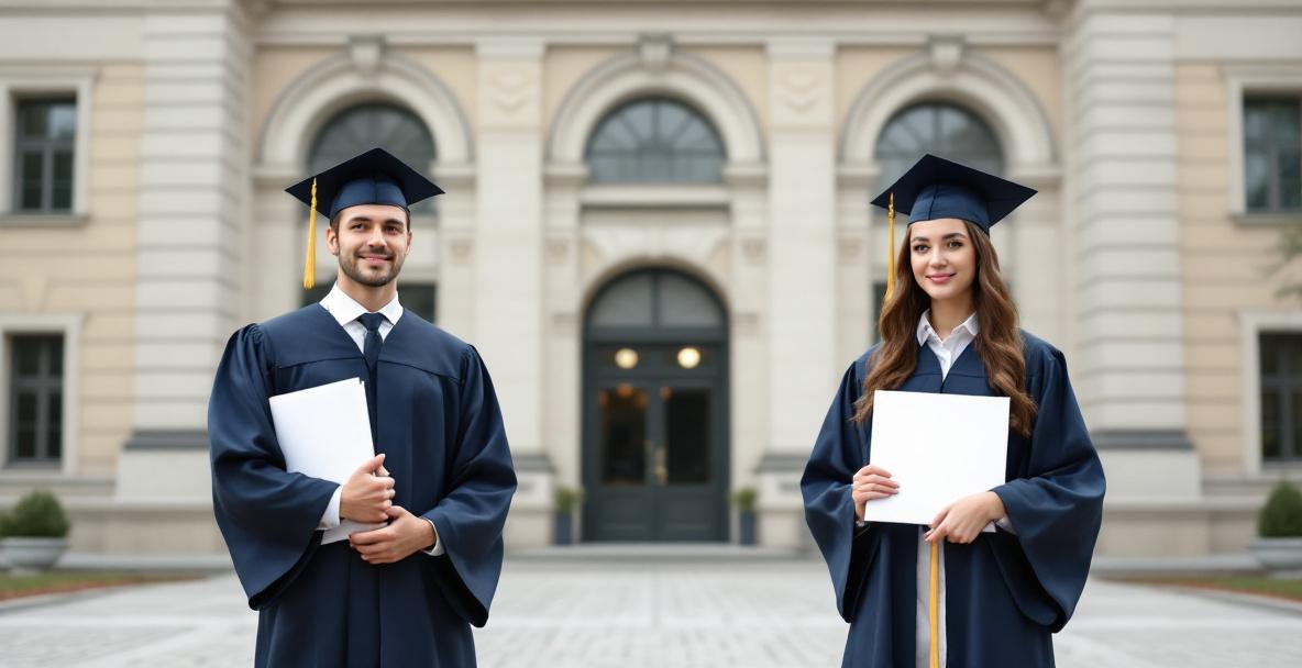 Eine Illustration zeigt einen Absolventen mit Bachelor-Hut und eine Absolventin mit Master-Hut vor einer deutschen Universität.