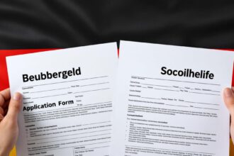 Vergleich zwischen Bürgergeld- und Sozialhilfe-Anträgen auf einer Deutschlandflagge liegend.