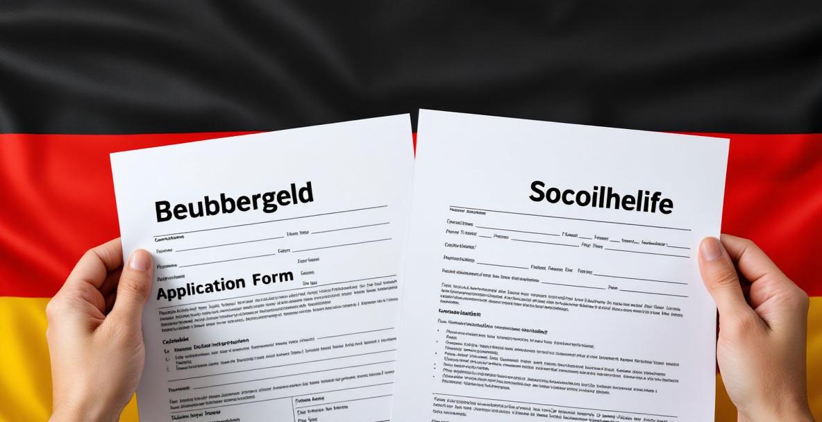 Vergleich zwischen Bürgergeld- und Sozialhilfe-Anträgen auf einer Deutschlandflagge liegend.