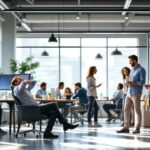 Mitarbeitende in einem modernen Büro, teils gestresst, teils im positiven Gespräch – Fokus auf psychische Gesundheit am Arbeitsplatz.