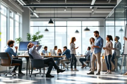 Mitarbeitende in einem modernen Büro, teils gestresst, teils im positiven Gespräch – Fokus auf psychische Gesundheit am Arbeitsplatz.