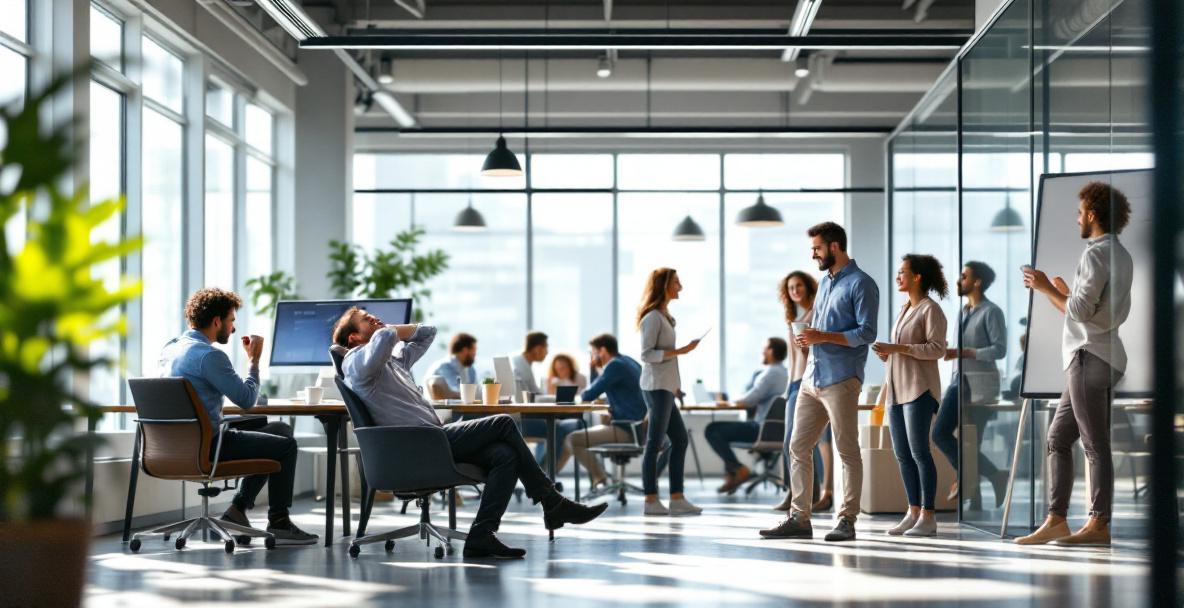 Mitarbeitende in einem modernen Büro, teils gestresst, teils im positiven Gespräch – Fokus auf psychische Gesundheit am Arbeitsplatz.