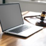 Ein Laptop, ein Richterhammer und ein Testament auf einem Schreibtisch als Symbol für das digitale Testament in Deutschland.