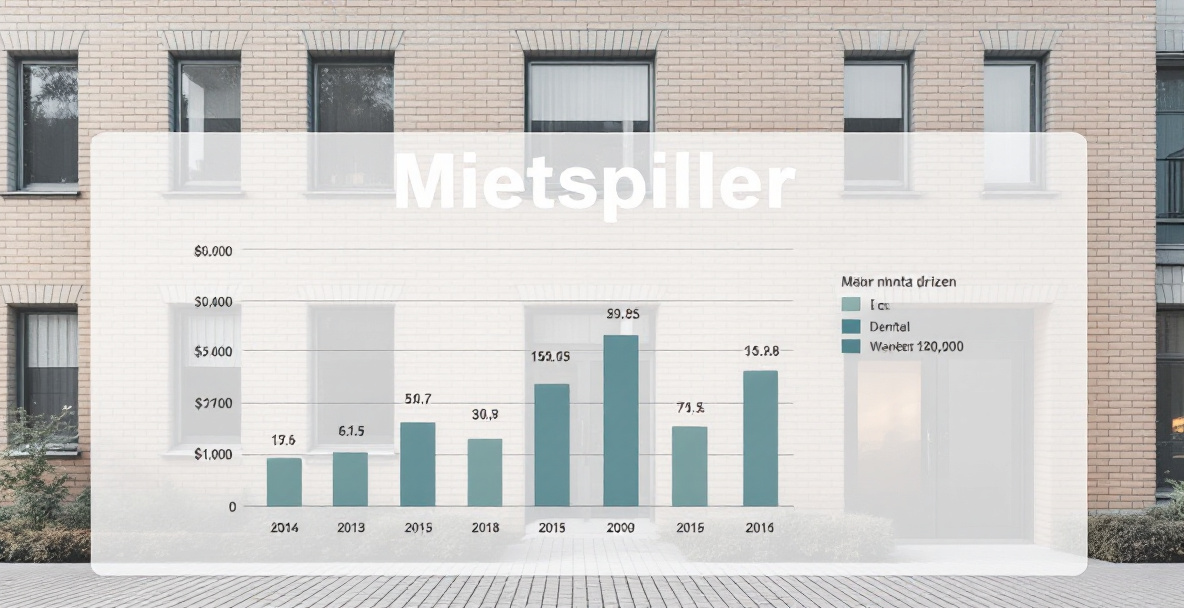 Moderne Hausfassade mit Balkendiagramm und dem Schriftzug 'Mietspiegel' – Symbol für Mietpreisübersicht in Deutschland