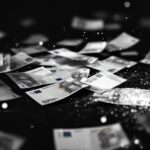 Grafische Darstellung von Geldwäsche in Deutschland mit Euro-Banknoten und digitalen Schatten.