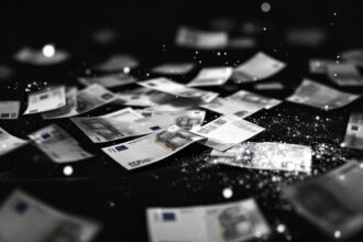 Grafische Darstellung von Geldwäsche in Deutschland mit Euro-Banknoten und digitalen Schatten.