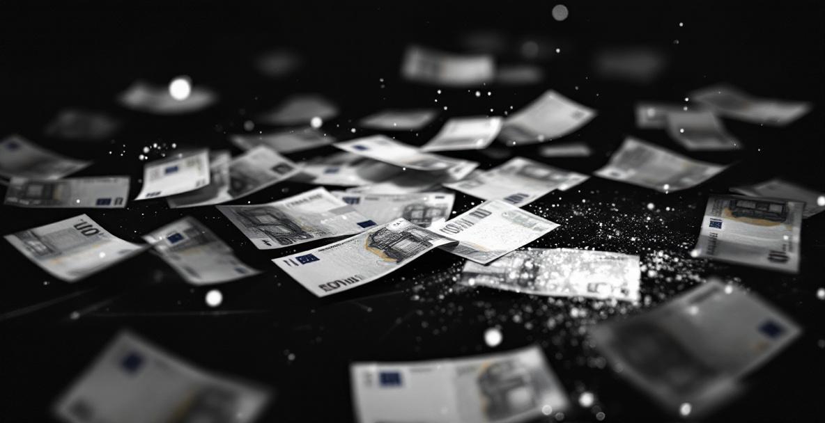 Grafische Darstellung von Geldwäsche in Deutschland mit Euro-Banknoten und digitalen Schatten.