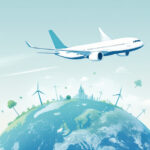 Illustration eines Flugzeugs über der Erde mit CO2-Emissionen und grünen Offset-Symbolen.