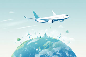 Illustration eines Flugzeugs über der Erde mit CO2-Emissionen und grünen Offset-Symbolen.