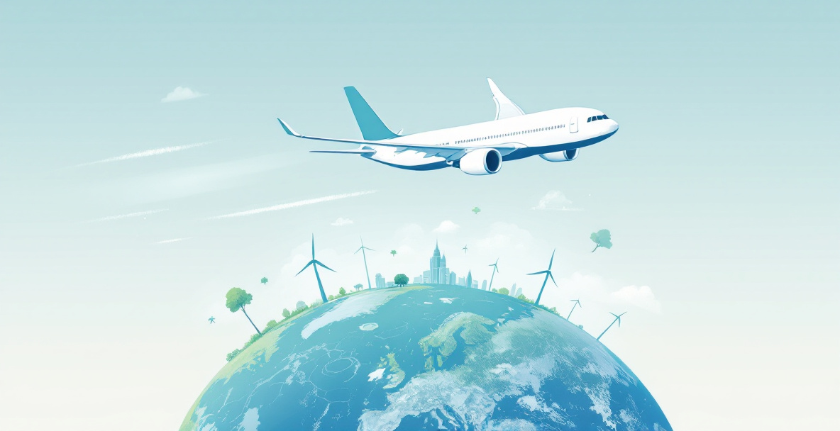 Illustration eines Flugzeugs über der Erde mit CO2-Emissionen und grünen Offset-Symbolen.