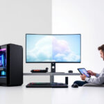 Gegenüberstellung von klassischem Gaming-PC und Cloud Gaming auf einem Tablet.