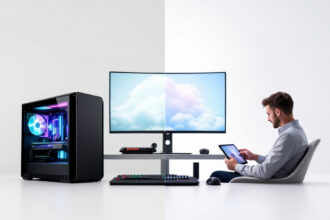 Gegenüberstellung von klassischem Gaming-PC und Cloud Gaming auf einem Tablet.
