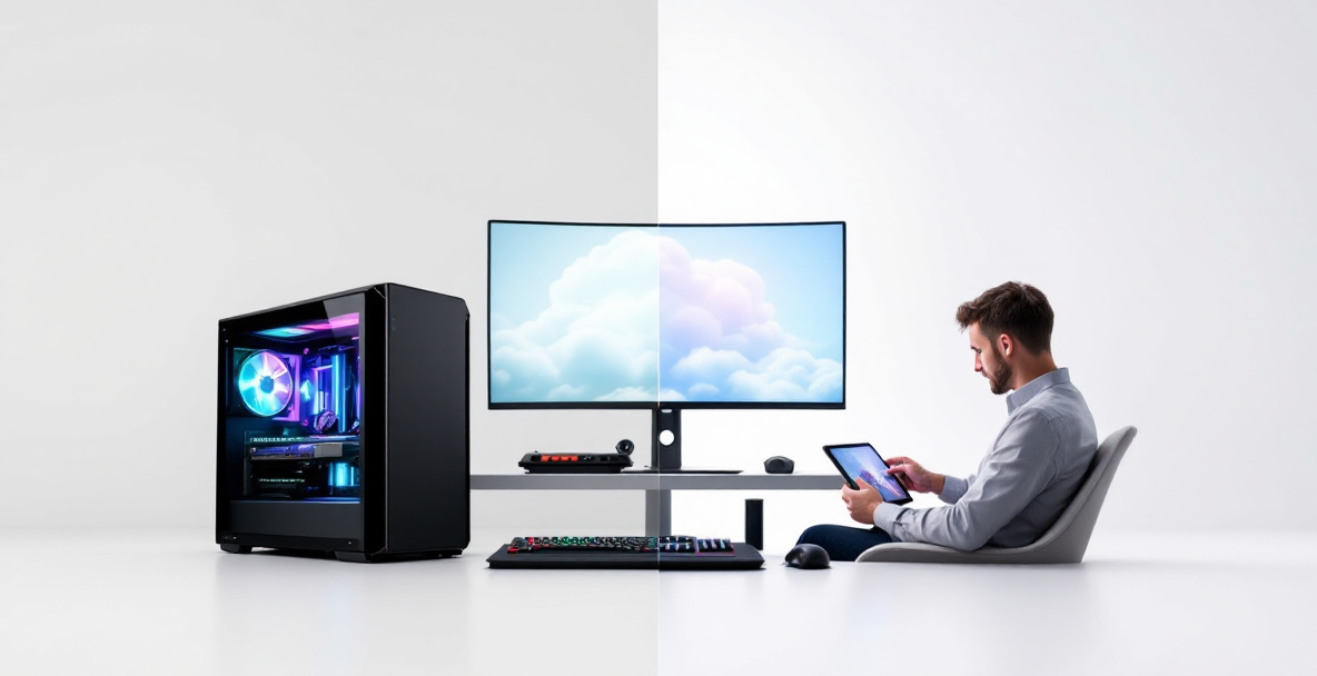 Gegenüberstellung von klassischem Gaming-PC und Cloud Gaming auf einem Tablet.