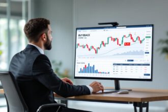 Illustration einer Person, die im Büro ein Diagramm zum Aktienrückkauf betrachtet, umgeben von Finanzgrafiken und Euro-Symbolen.