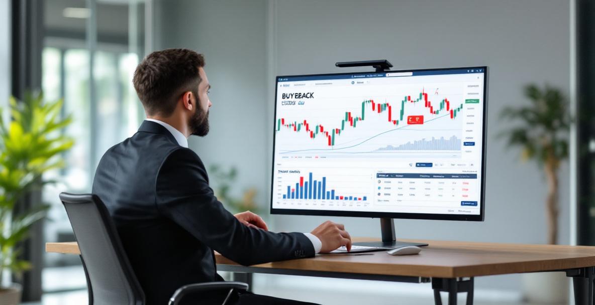 Illustration einer Person, die im Büro ein Diagramm zum Aktienrückkauf betrachtet, umgeben von Finanzgrafiken und Euro-Symbolen.