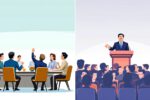 Gegenüberstellung einer demokratischen Diskussion und einer diktatorischen Ansprache in einer Illustration.