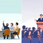 Gegenüberstellung einer demokratischen Diskussion und einer diktatorischen Ansprache in einer Illustration.
