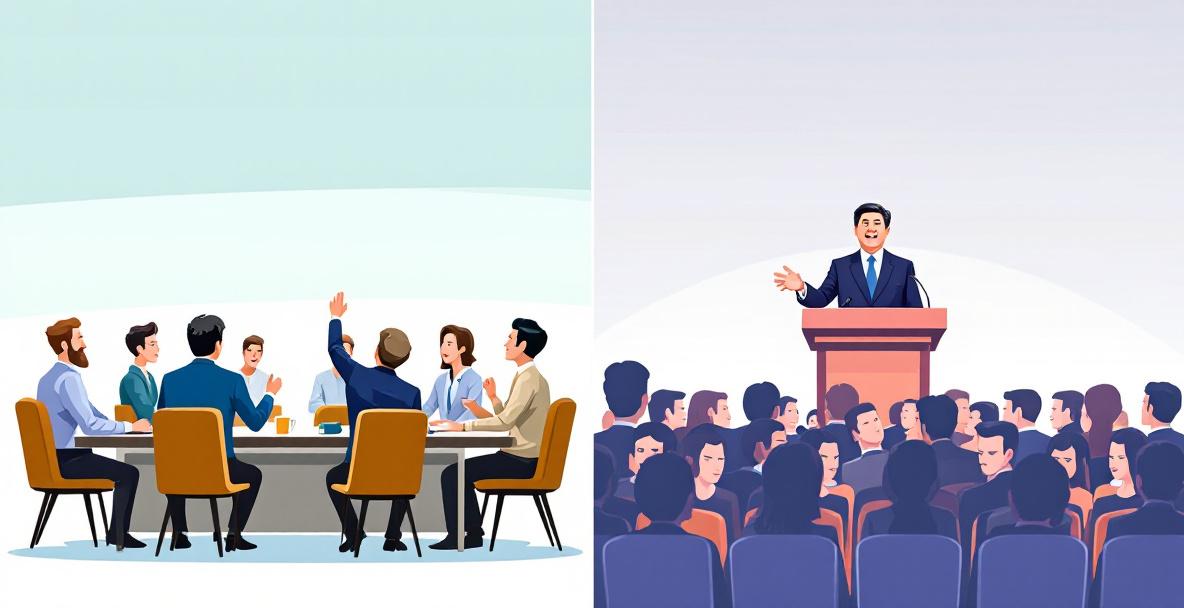 Gegenüberstellung einer demokratischen Diskussion und einer diktatorischen Ansprache in einer Illustration.