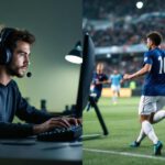 Geteilter Bildvergleich: E-Sportler am Computer und klassischer Sportler auf dem Spielfeld