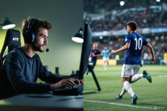 Geteilter Bildvergleich: E-Sportler am Computer und klassischer Sportler auf dem Spielfeld