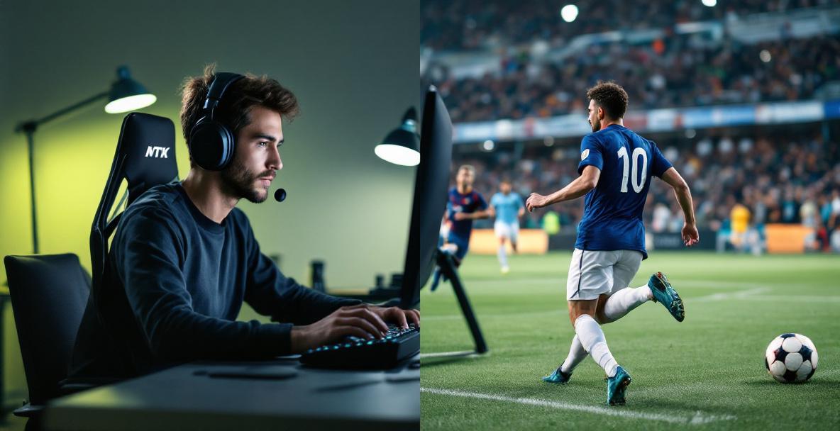 Geteilter Bildvergleich: E-Sportler am Computer und klassischer Sportler auf dem Spielfeld