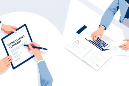 Gegenüberstellung von Autoleasing und Autokredit: Vertragsunterzeichnung beim Händler und Kreditberechnung am Schreibtisch.