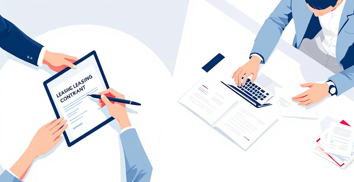 Gegenüberstellung von Autoleasing und Autokredit: Vertragsunterzeichnung beim Händler und Kreditberechnung am Schreibtisch.