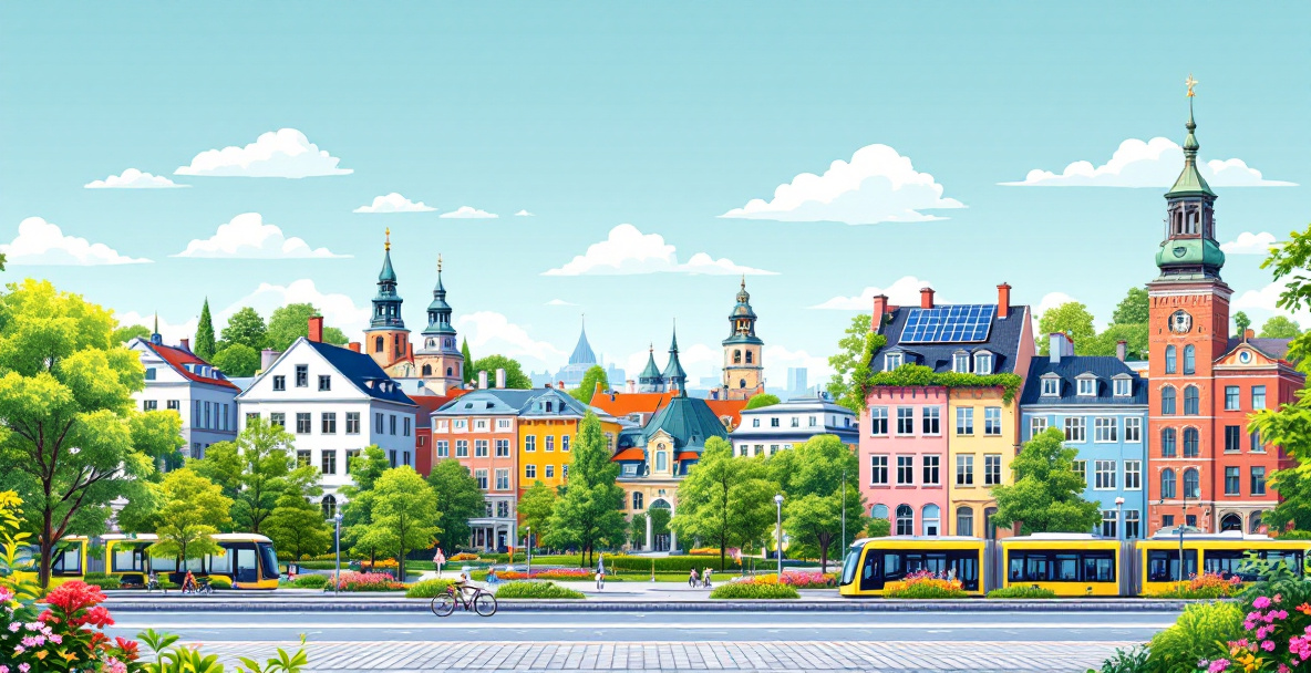 Panorama europäischer Städte mit grünen Parks und nachhaltigen Verkehrsmitteln als Symbol für beste nachhaltige Reiseziele 2025.