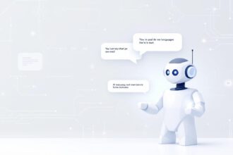 Illustration eines stilisierten Chatbots mit Sprechblasen, die Künstliche Intelligenz einfach erklärt symbolisiert.